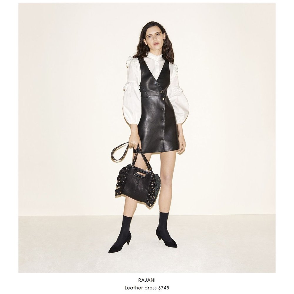 SOLD - $745 MAJE Rajani Black V-Neck Leather Dress button closure 2 medium 38